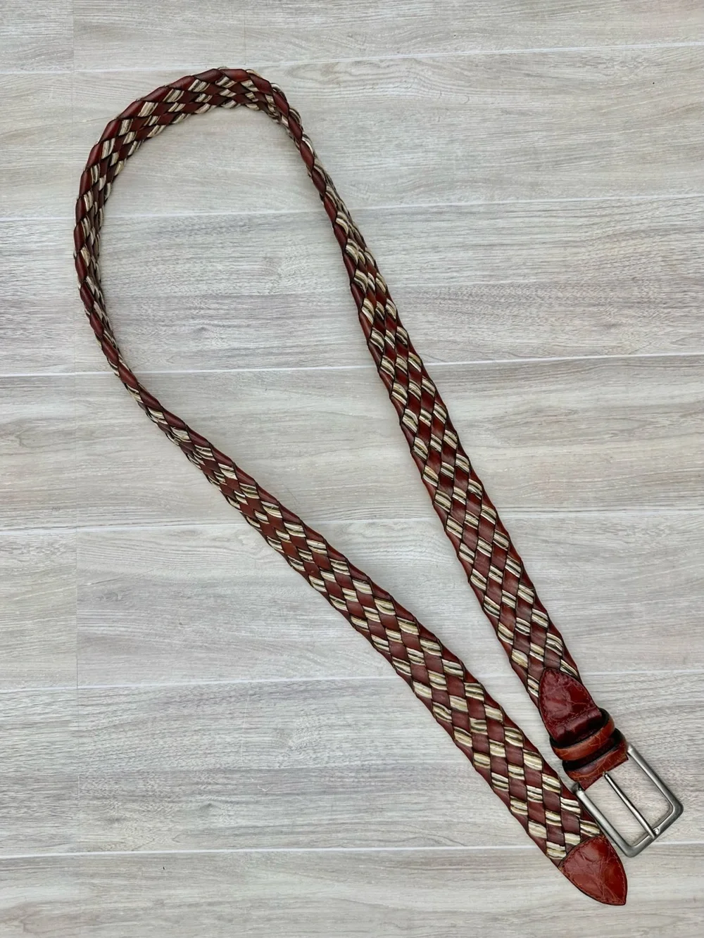 VTG Novia Brown Italian Leather Braided Belt Mixed w/ Natural Fiber Weave Sz 36